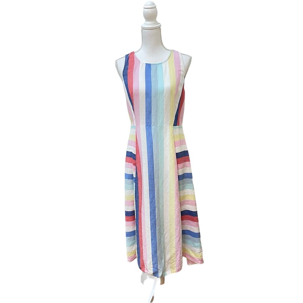 Joules Sz 6 Chrissie White Blue Pastel Stripe Linen Blend Sleeveless Midi Dress